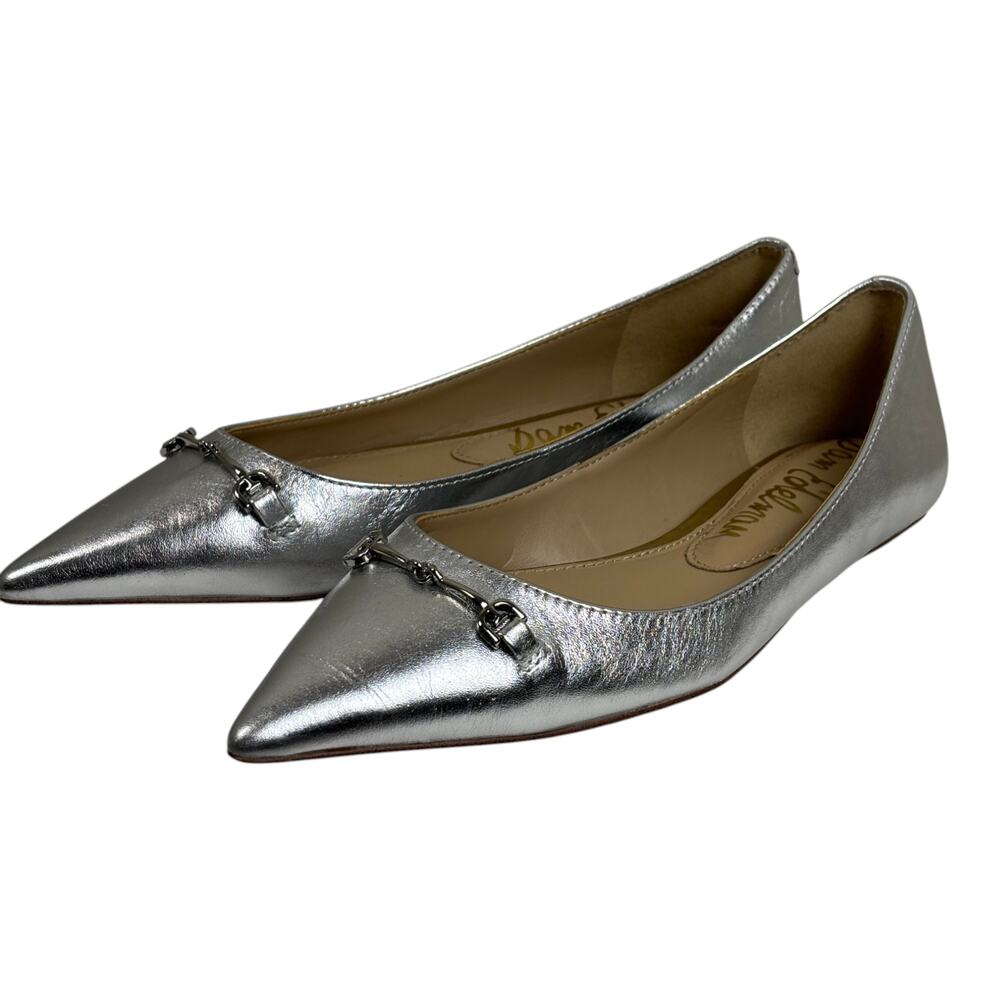 Sam Edelman silver leather flats with pointed toe, bit hardware, low heel, and l
